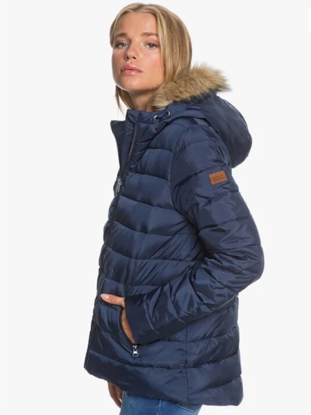 Roxy Quilted Puffer Jacket Women M Navy Faux Fur Hood Zip Winter Coat Ski